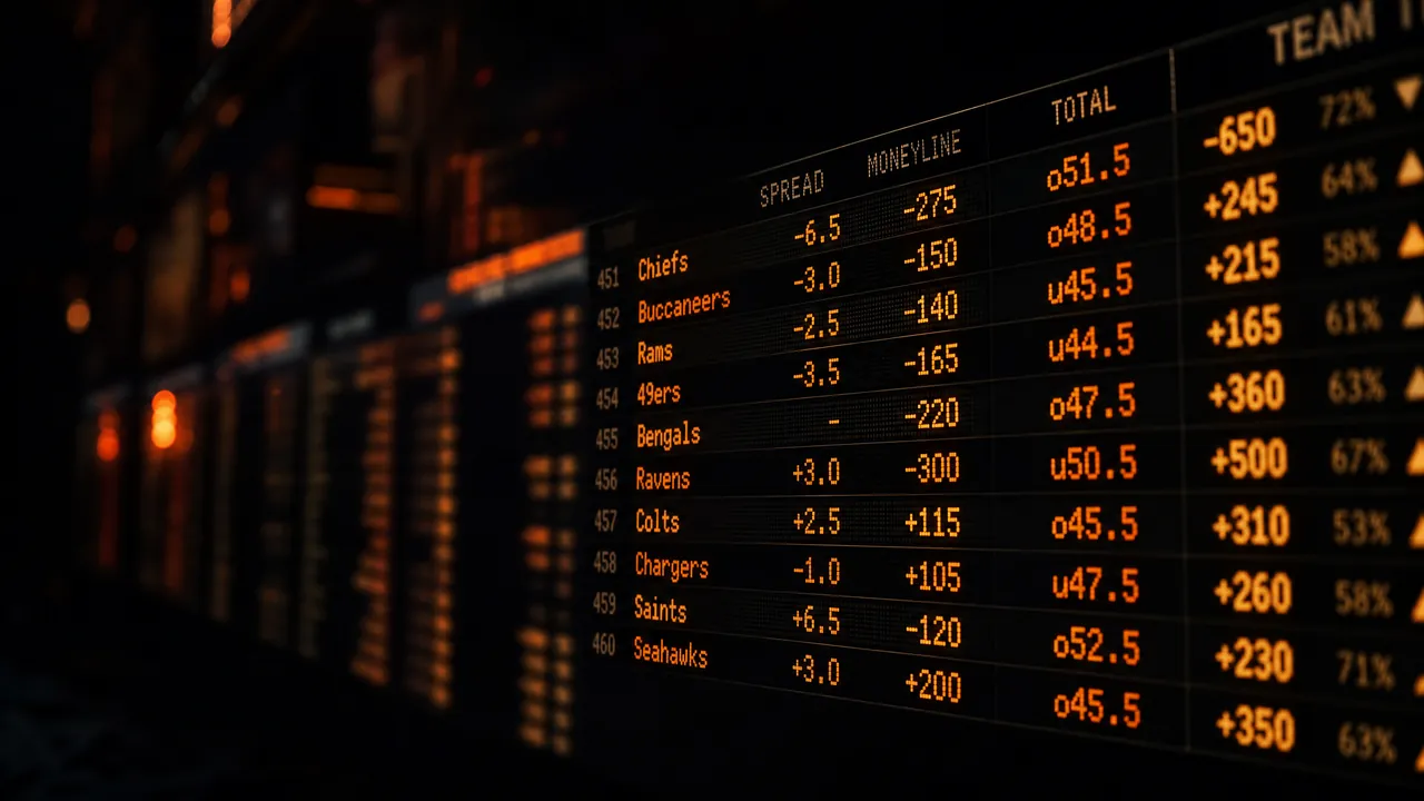 Dark sports odds board showing live betting lines — AI analyzes live sports odds