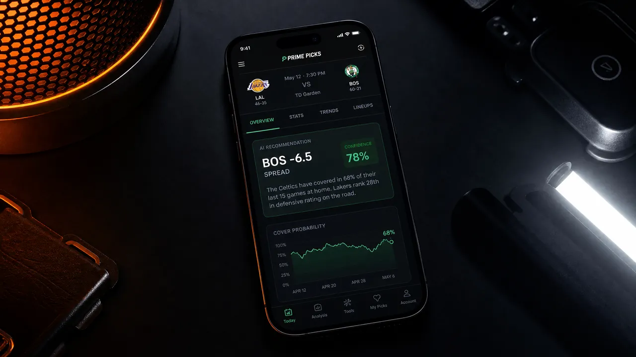 Phone screen showing an AI sports pick with confidence and transparent result tracking
